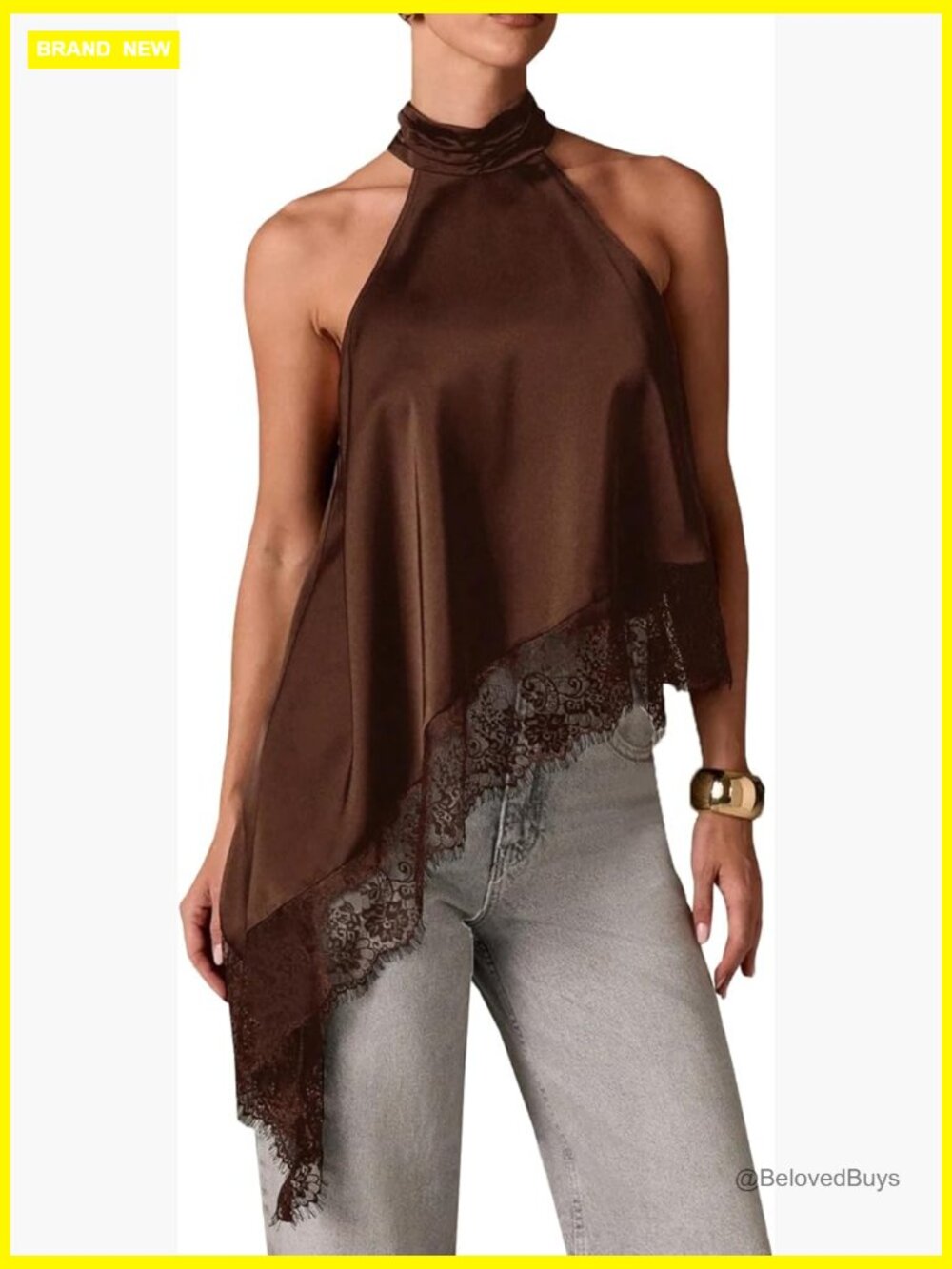 Satin Sleeveless Halter Top, Lace Trim Mock Neck Asymmetrical Tank Top, Elegant